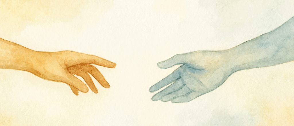 A soft watercolor square image in warm autumn tones showing two hands reaching toward each other, with the words “Quiet courage connects us all” written in elegant script.